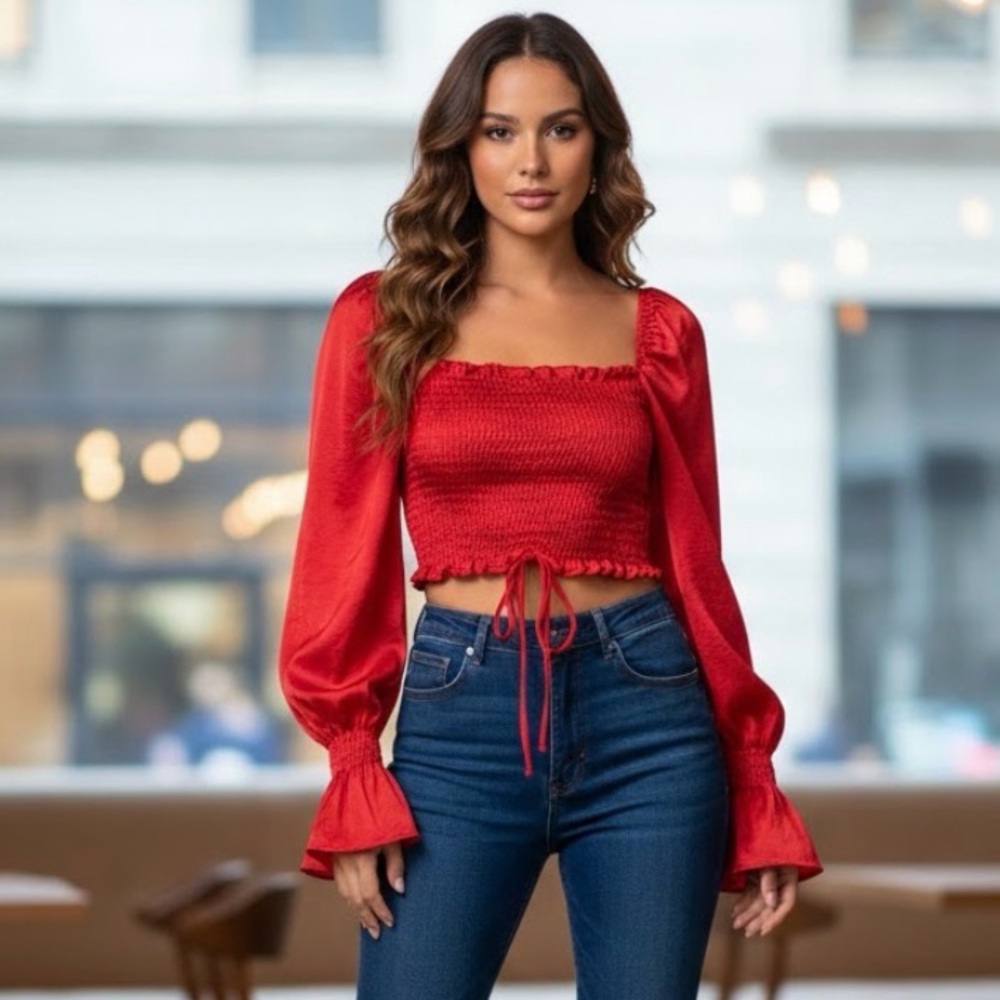 O. Vianca Smocked Long Sleeve Crop Top